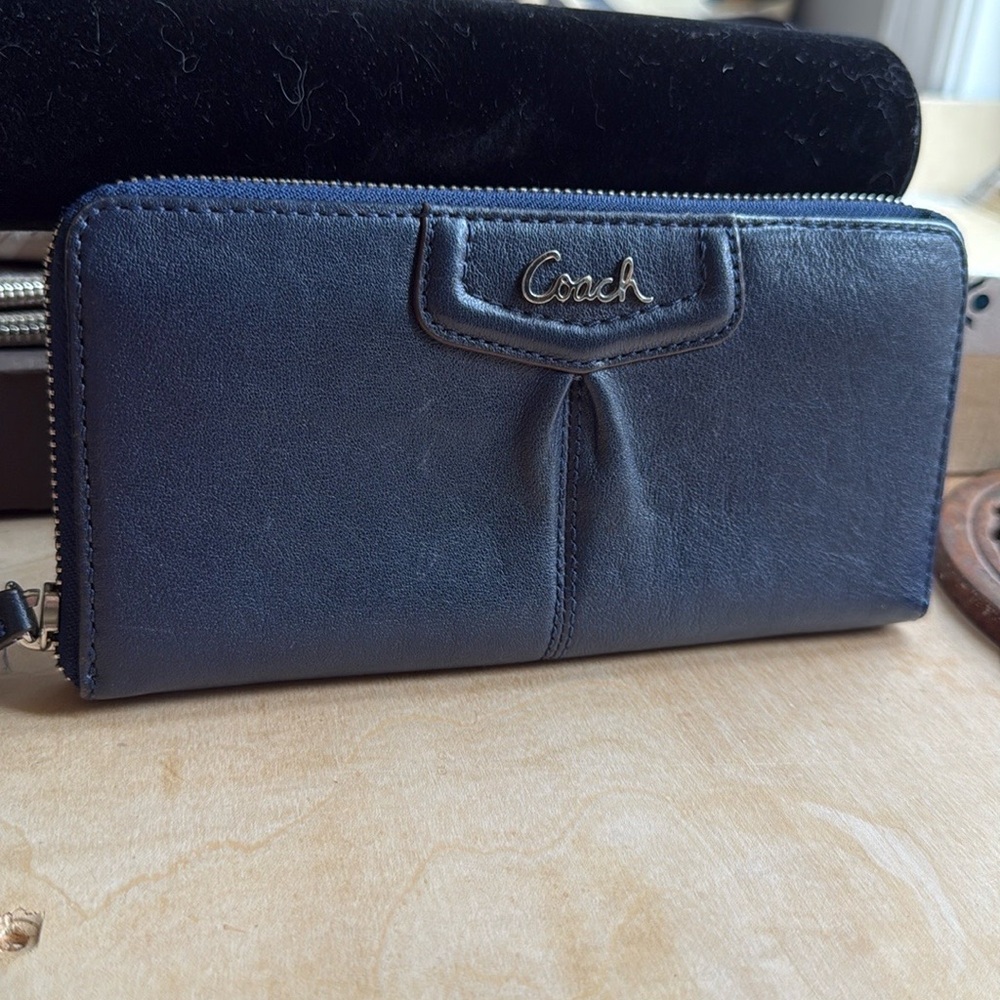 Coach Legacy Leather Accordion Zip Wallet | Navy Blue | Large Capacity - Picture 1 of 8